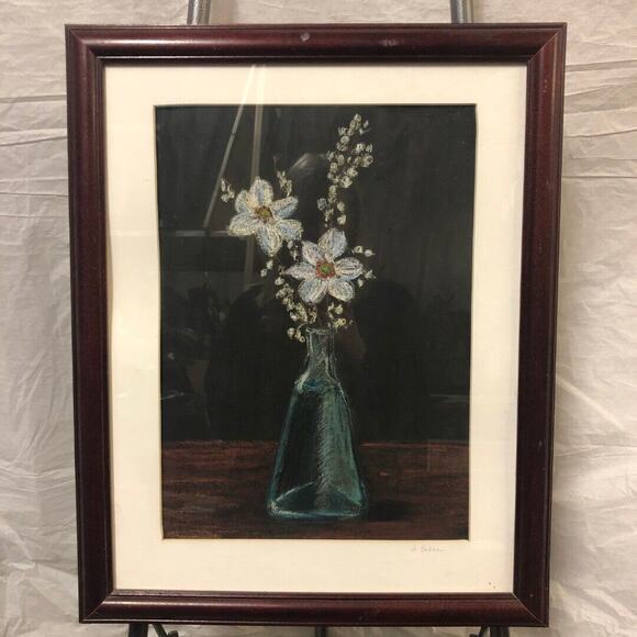 Framed "Flower Vase" Still Life Chalk on Canvas Painting by Ann Petrus Baker